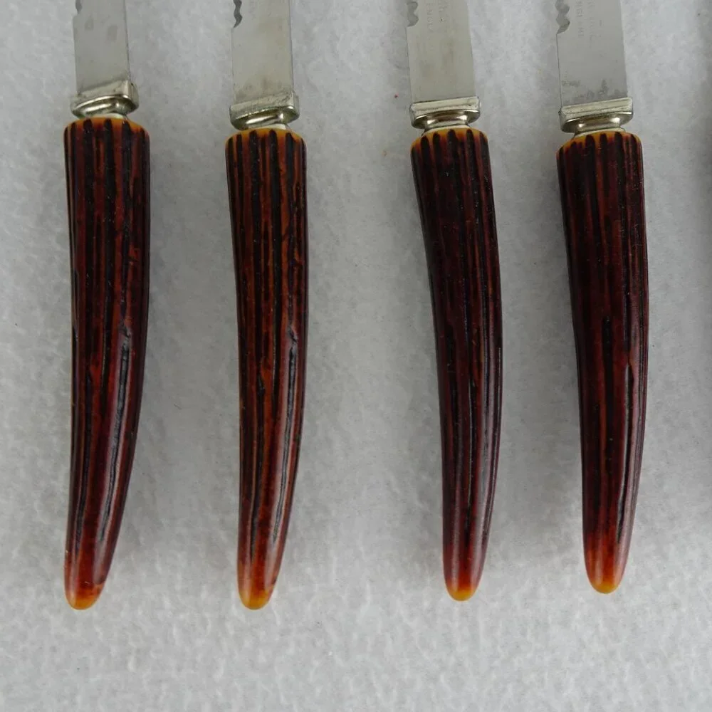 6 REGENT SHEFFIELD Steak Knives Stainless Blade Faux Antler Handle Original Box